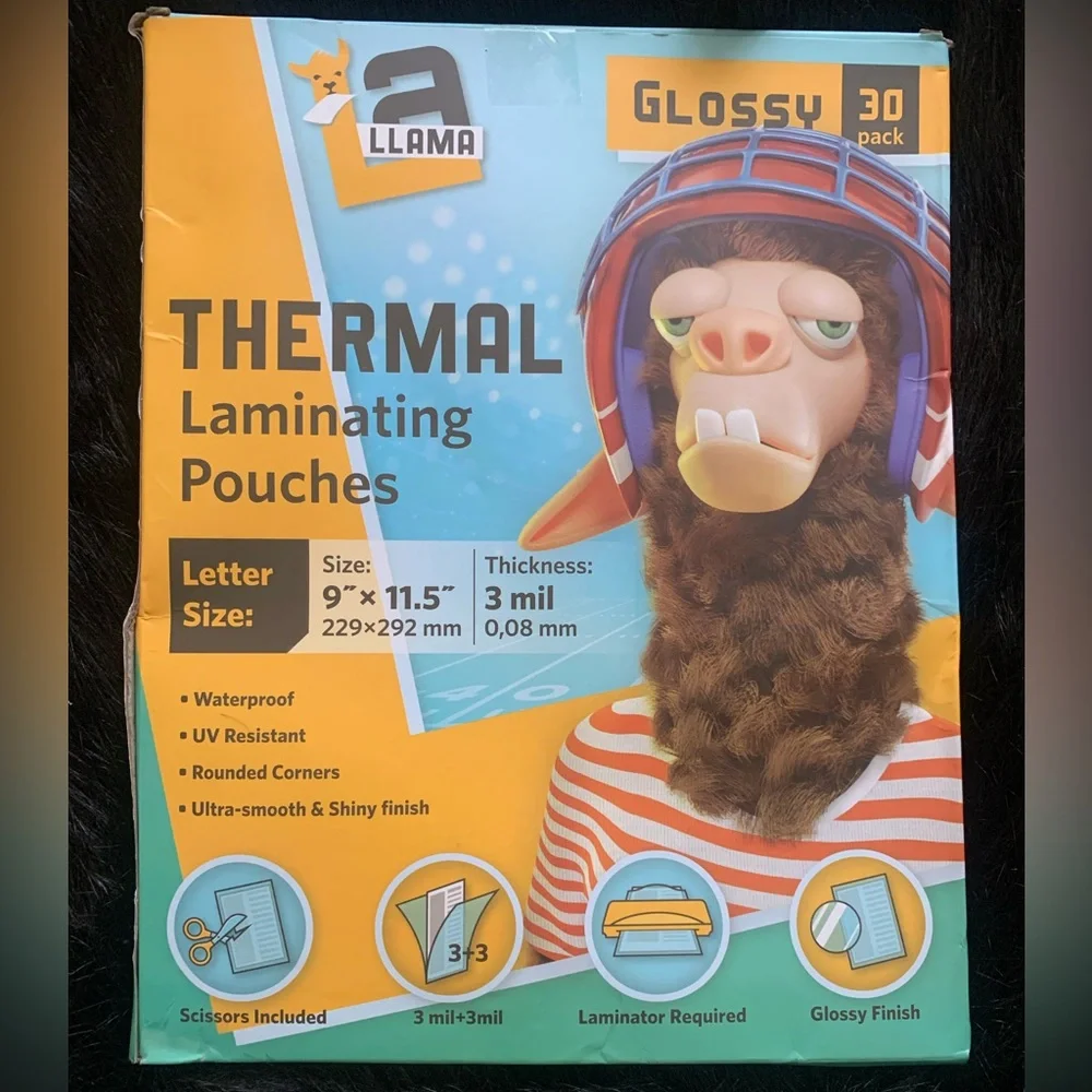 NIB Thermal laminating pouches, Glossy, and Size 9’ x 11.5, scissors included